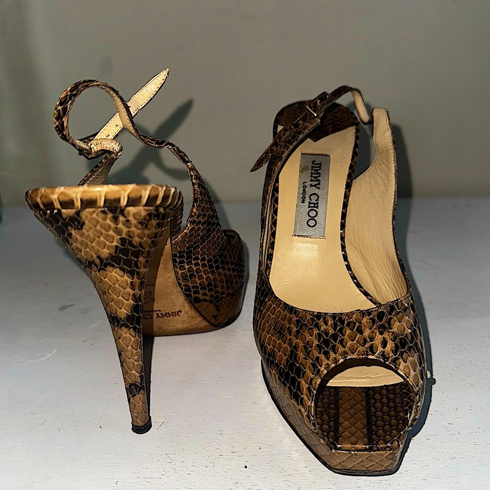 Jimmy Choo Vintage Snakeskin Leather Peep Toe Platform Slingback Pump Heels